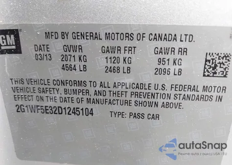 2013 Chevrolet Impala Ls z USA, uszkodzony, nr VIN 2G1WF5E32D1245104